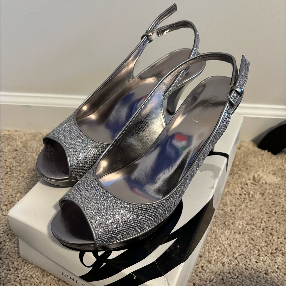 Nine West Silver Peep-Toe Slingback Heels